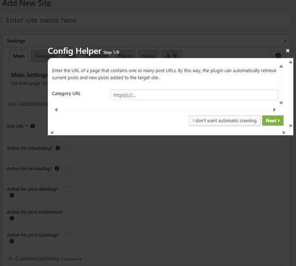tính năng config helper WP Content Crawler